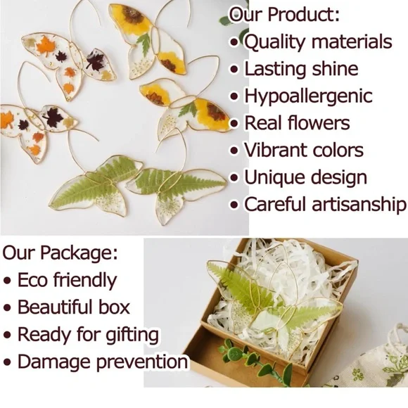 Bohemian Green Fern Butterfly Earrings Gold - Picture 4 of 7